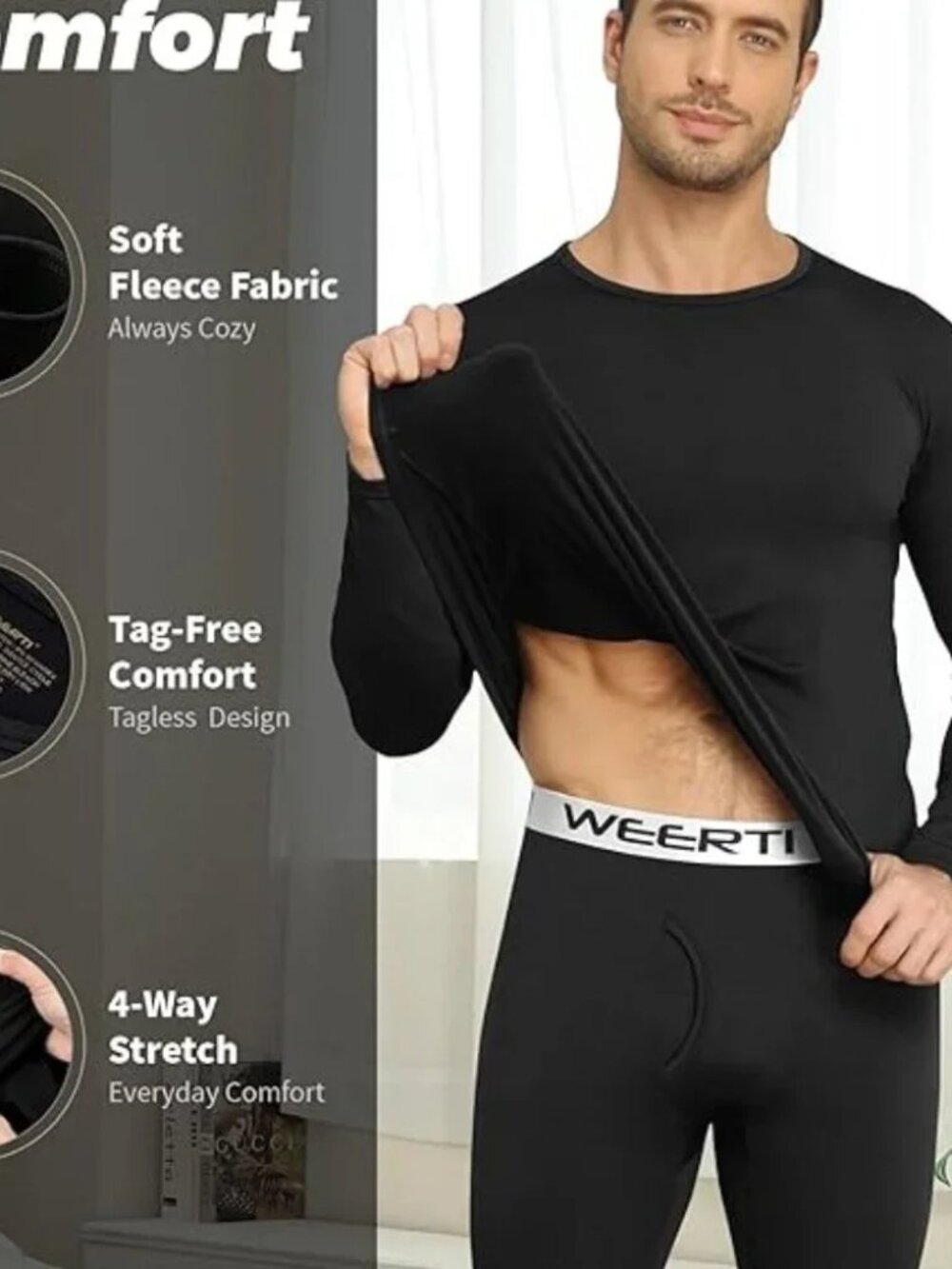 Mens Black Fleece Lined Thermal Underwear/Long Johns, M